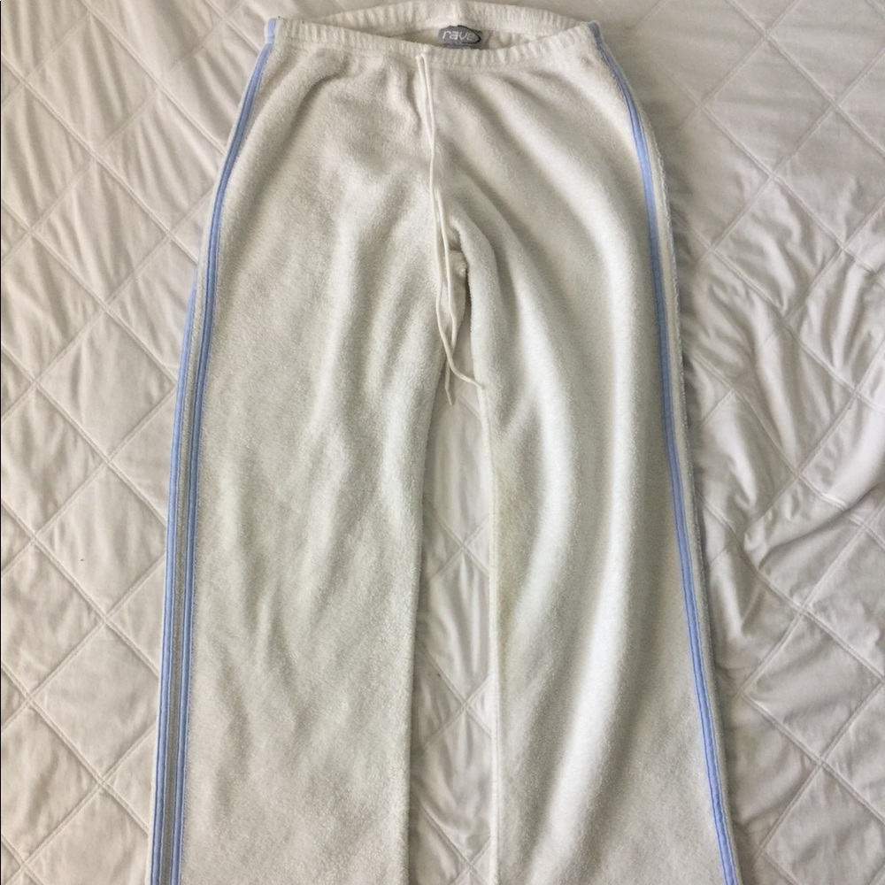 White Borg Plush Pants Blue Side Stripe